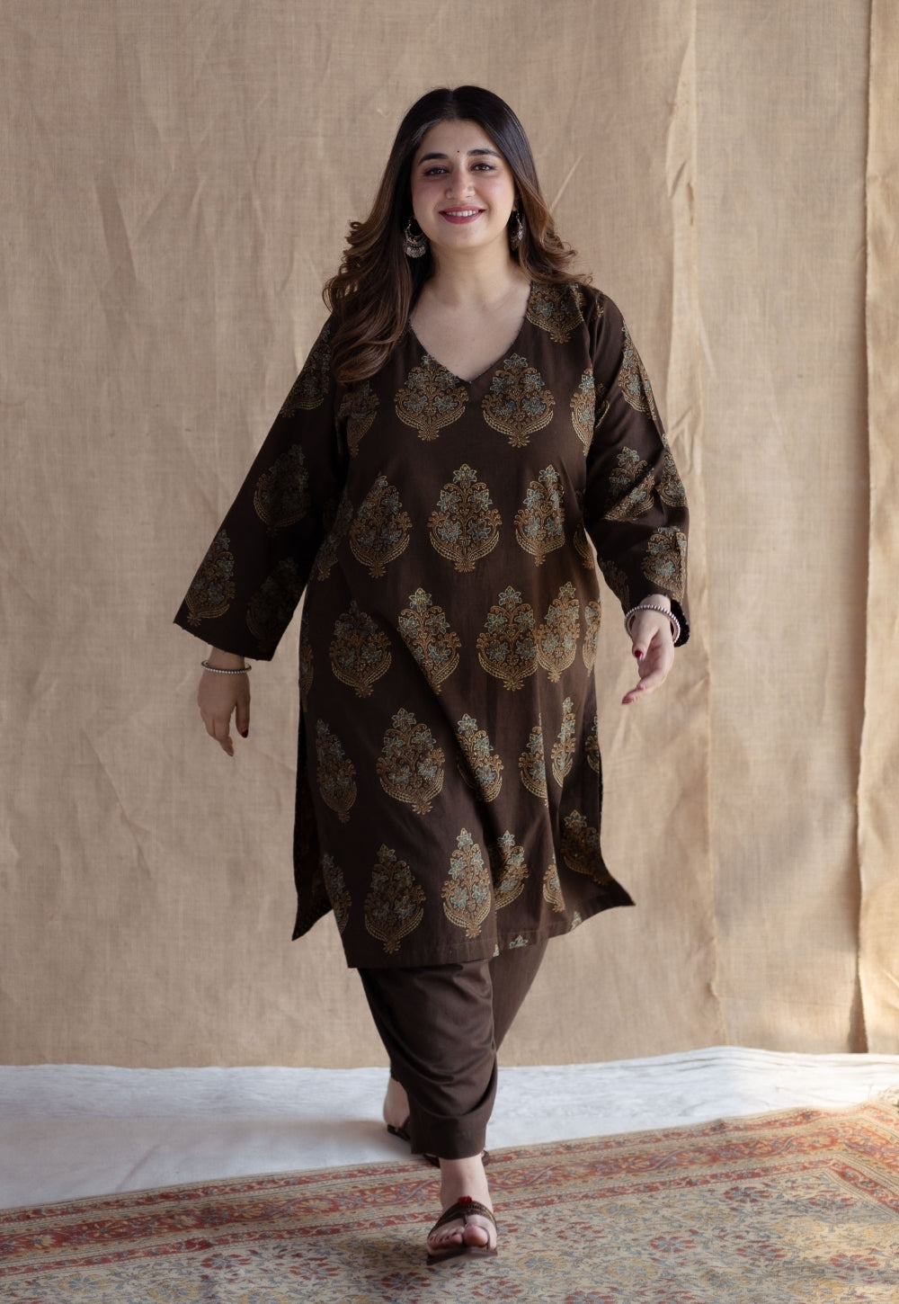 Juhi Brown Ajrakh Cotton Straight Kurta with Hand Embroidery