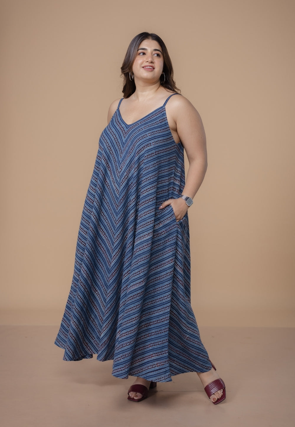 Sonam Blue Dabu Slub Cotton A Line Dress