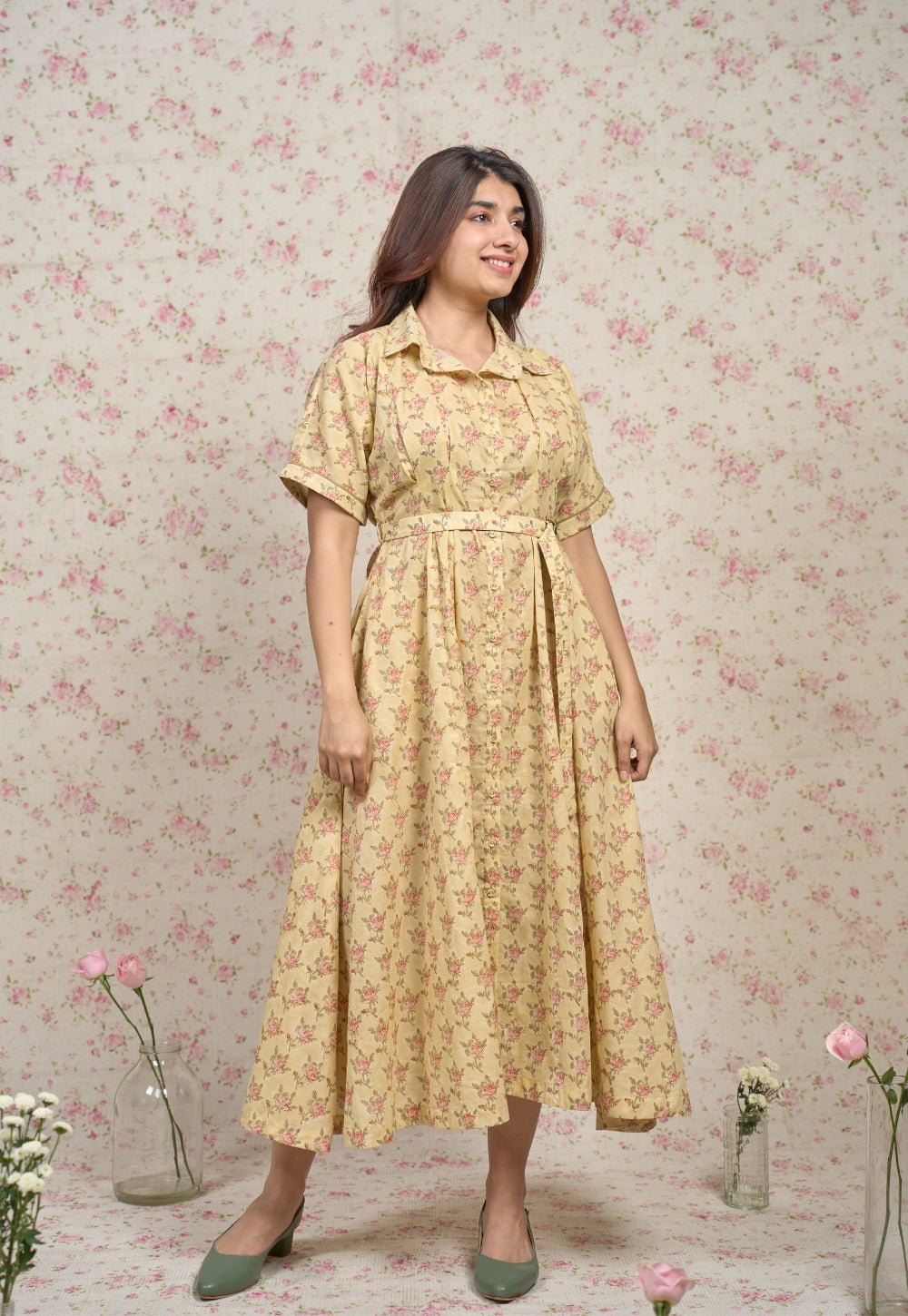 Zoe Yellow Sanganeri Mul Cotton A Line Dress