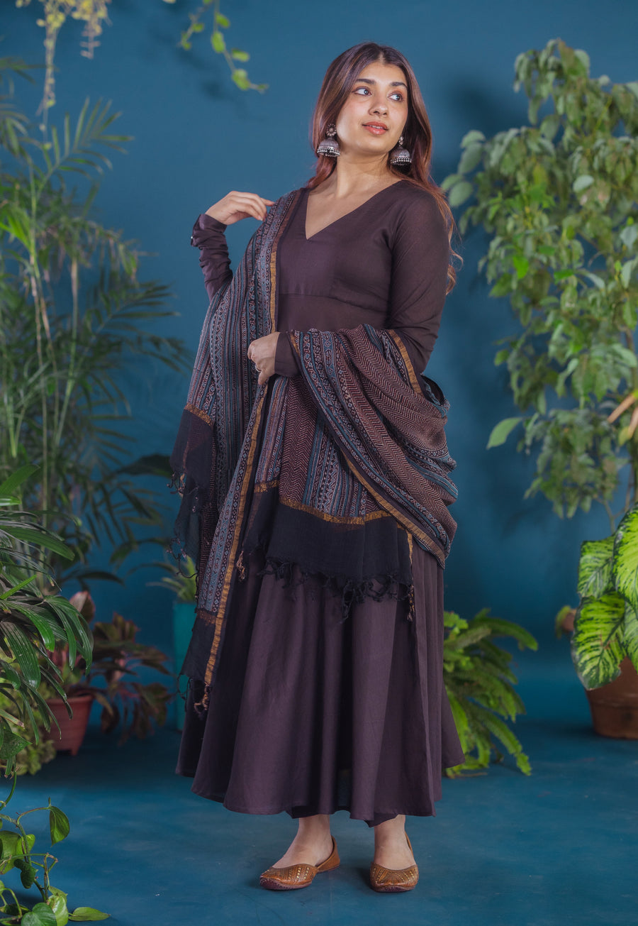 Zima Brown Solid Mul A Line Kurta