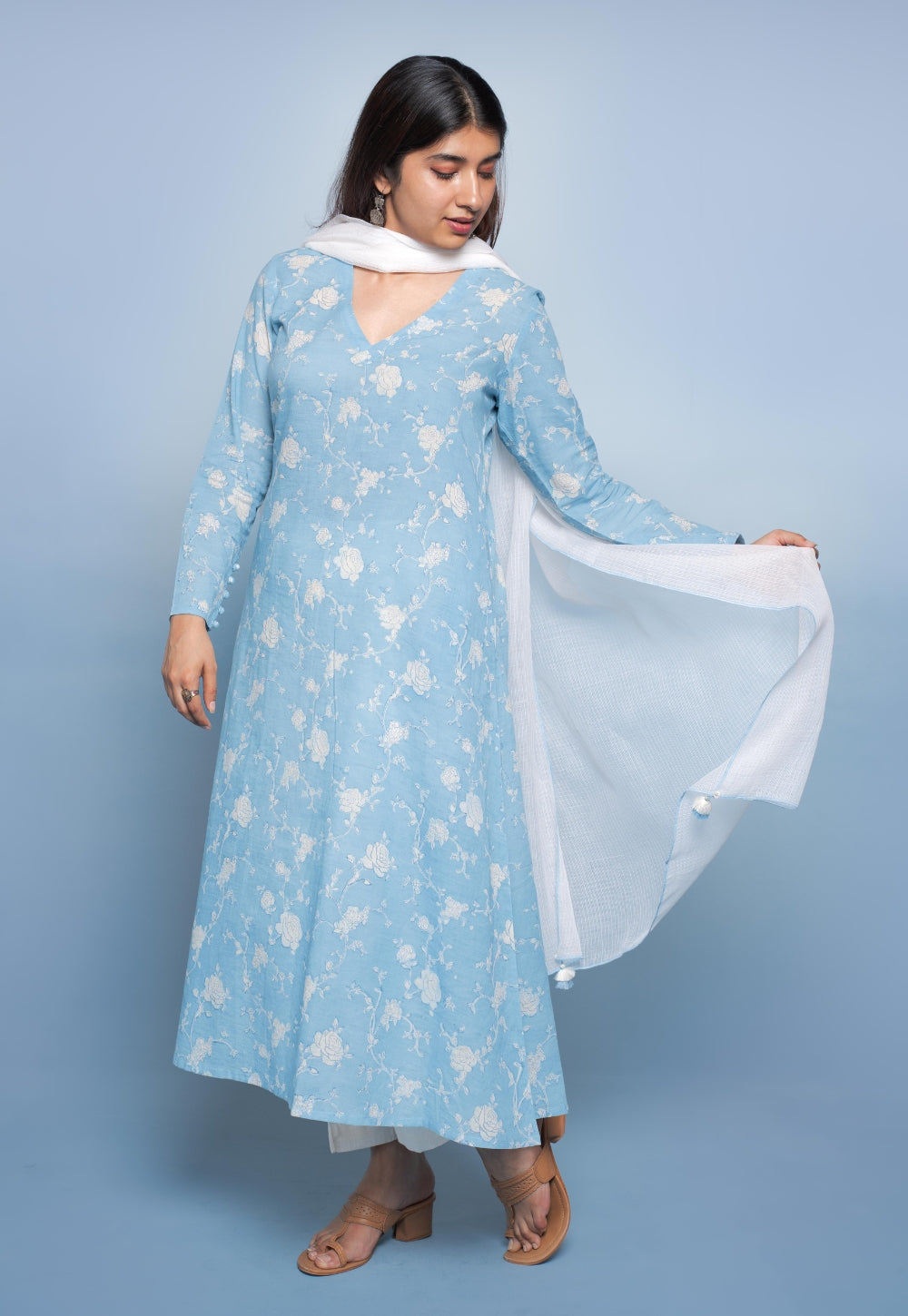 Vina Blue Dabu Mul Cotton Kali Kurta