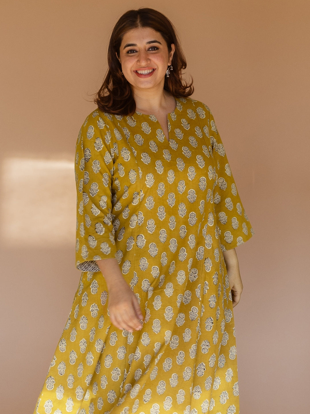 Malika Yellow Bagru Cotton Kali Kurta Set (Set of 2)
