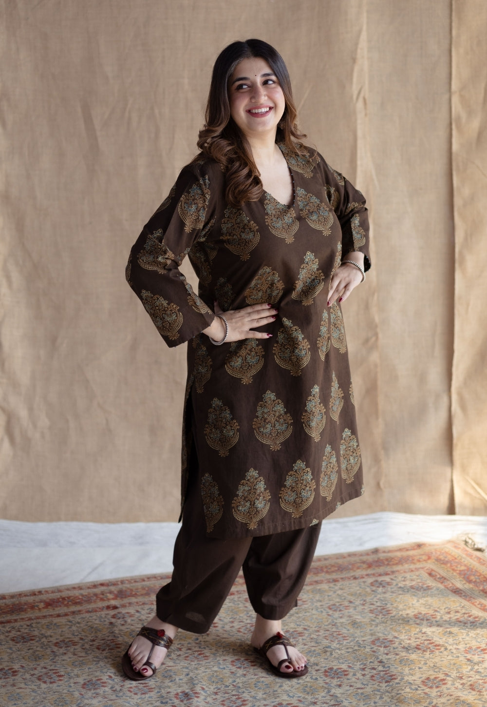 Juhi Brown Ajrakh Cotton Straight Kurta with Hand Embroidery