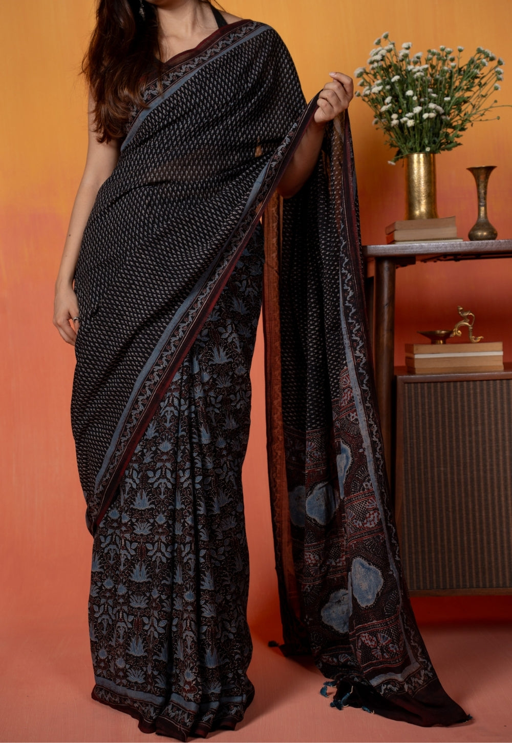 Black Mug Butti Ajrakh Hand Block Print Mul Saree