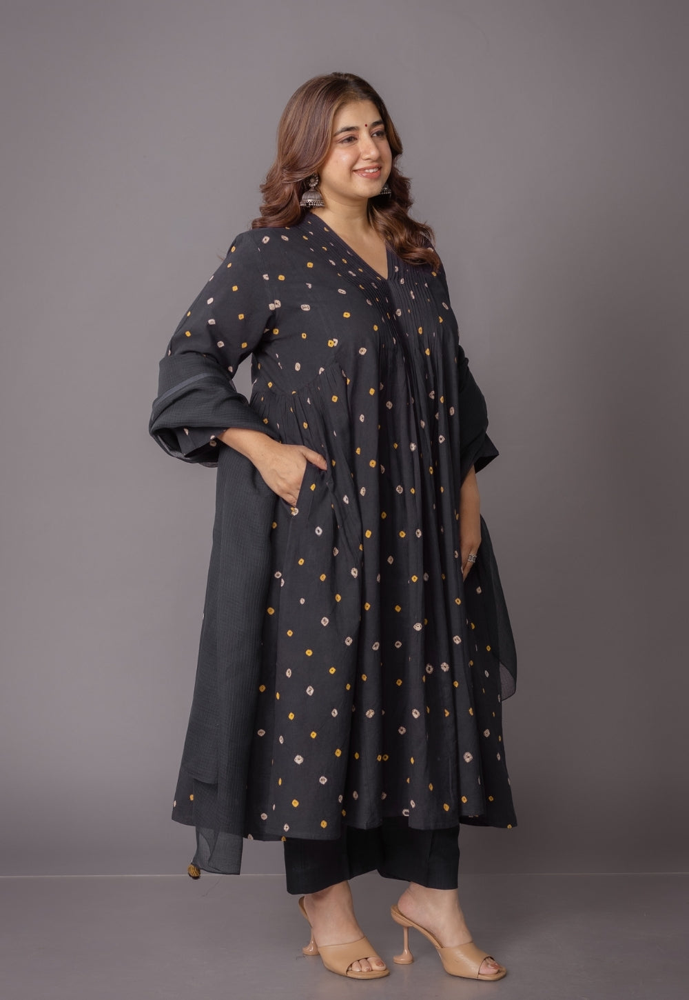 Urvi Black Bandhani Cotton A Line Kurta with Dupatta