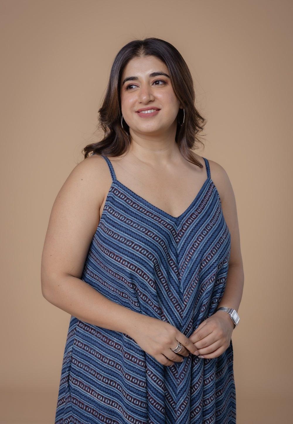 Sonam Blue Dabu Slub Cotton A Line Dress