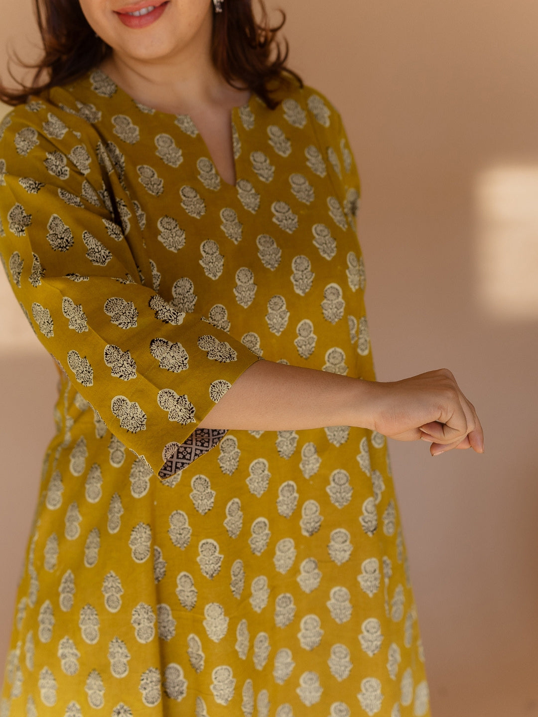 Malika Yellow Bagru Cotton Kali Kurta Set (Set of 2)
