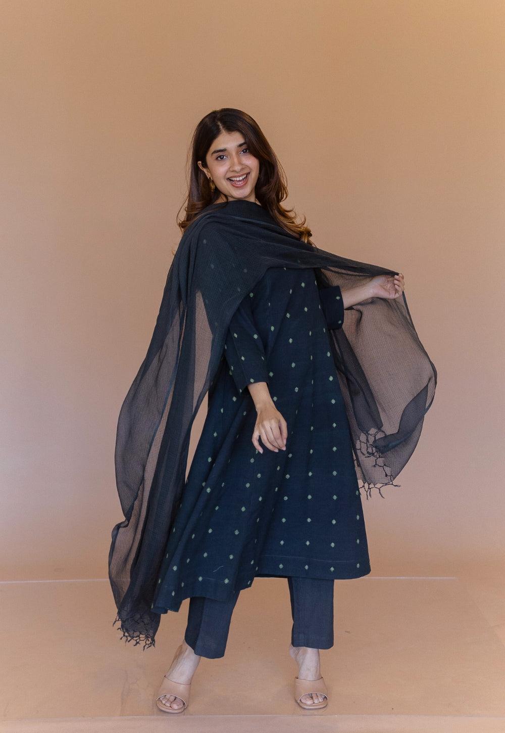 Malika Green Dabu Cotton Kali Kurta
