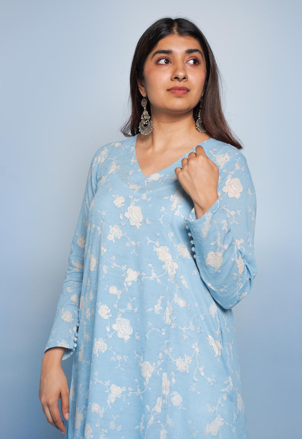 Vina Blue Dabu Mul Cotton Kali Kurta