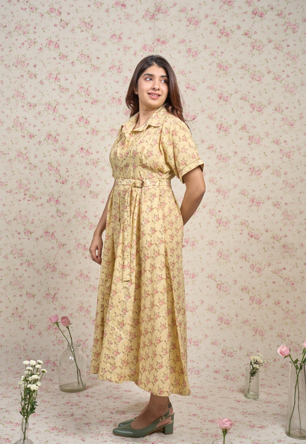 Zoe Yellow Sanganeri Mul Cotton A Line Dress