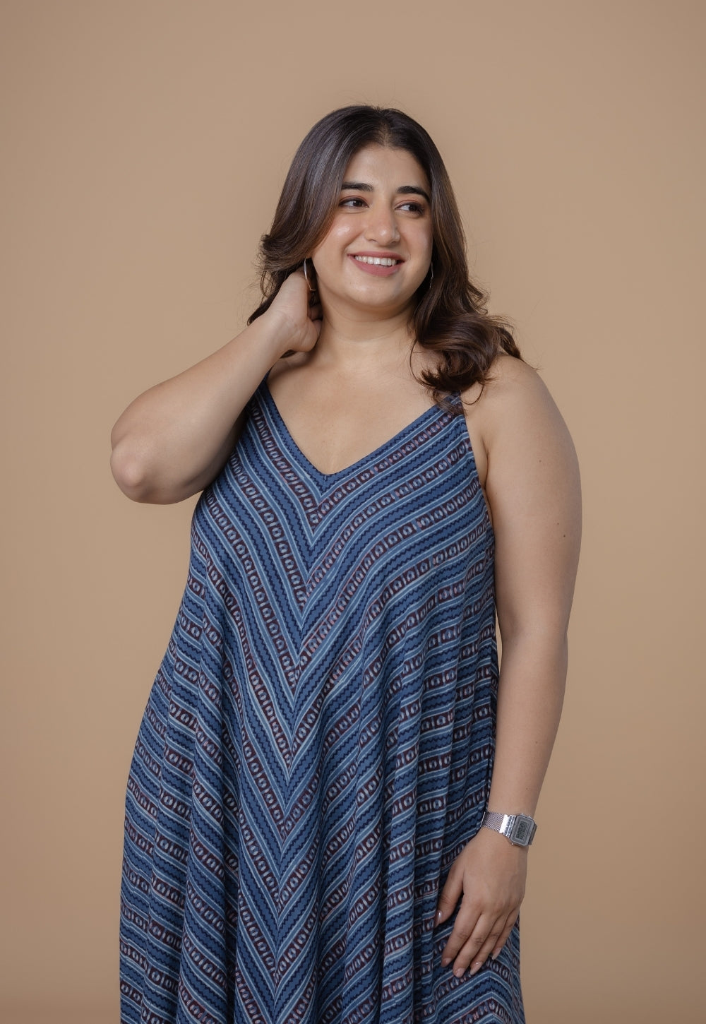 Sonam Blue Dabu Slub Cotton A Line Dress