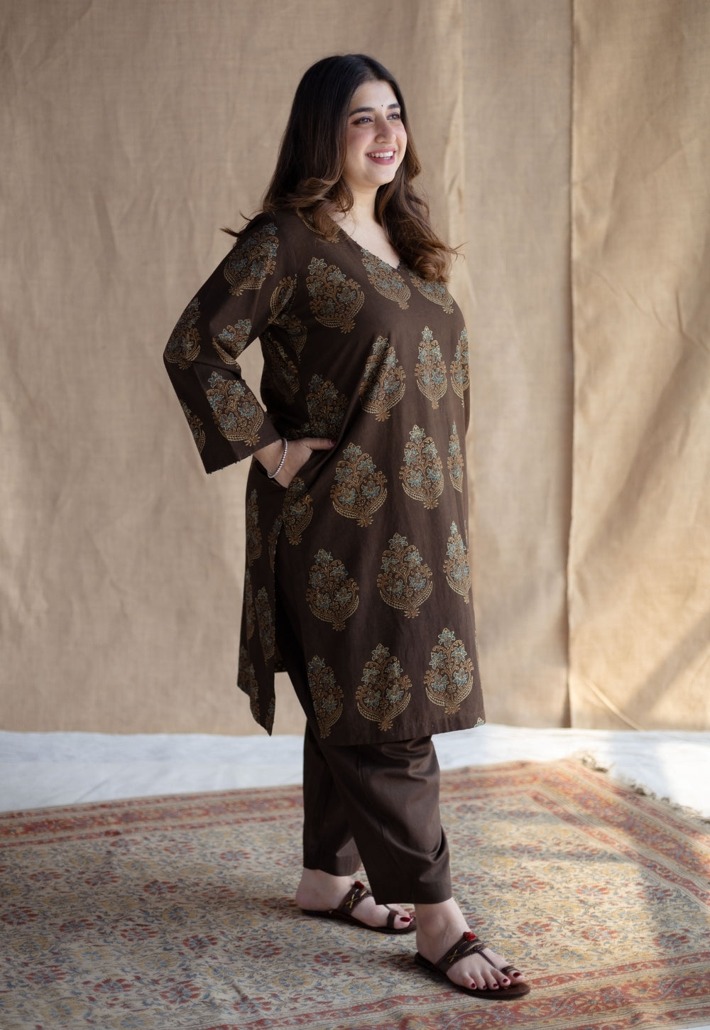 Juhi Brown Ajrakh Cotton Straight Kurta with Hand Embroidery