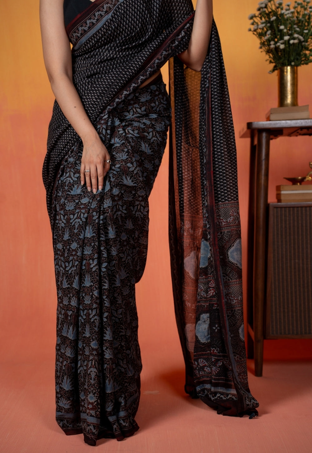 Black Mug Butti Ajrakh Hand Block Print Mul Saree
