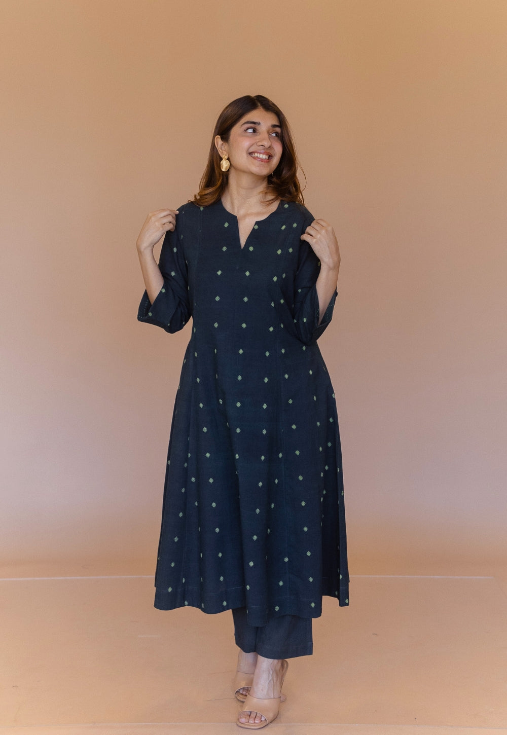 Malika Green Dabu Cotton Kali Kurta