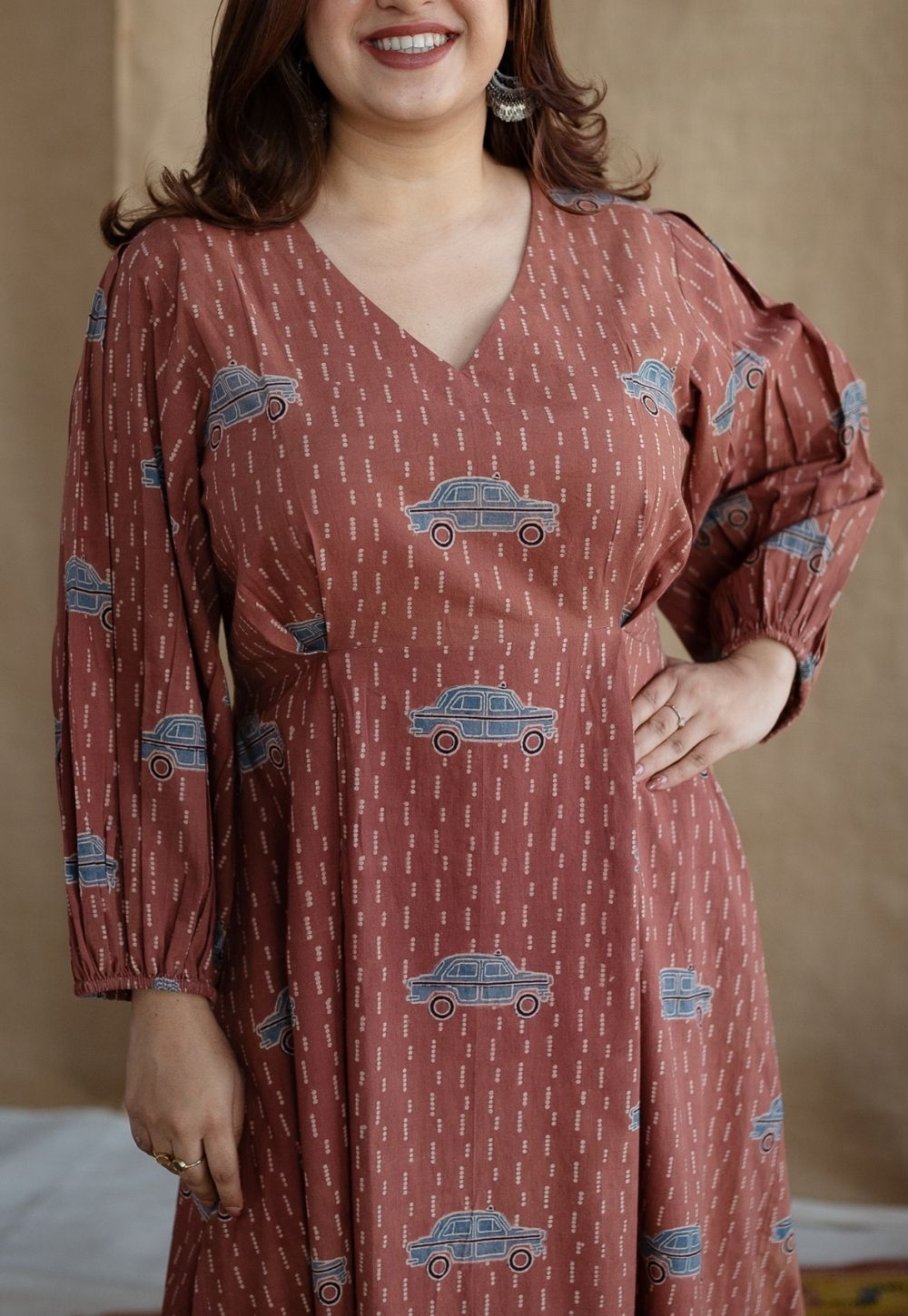 Rahima Brick Red Ajrakh Cotton A Line Dress