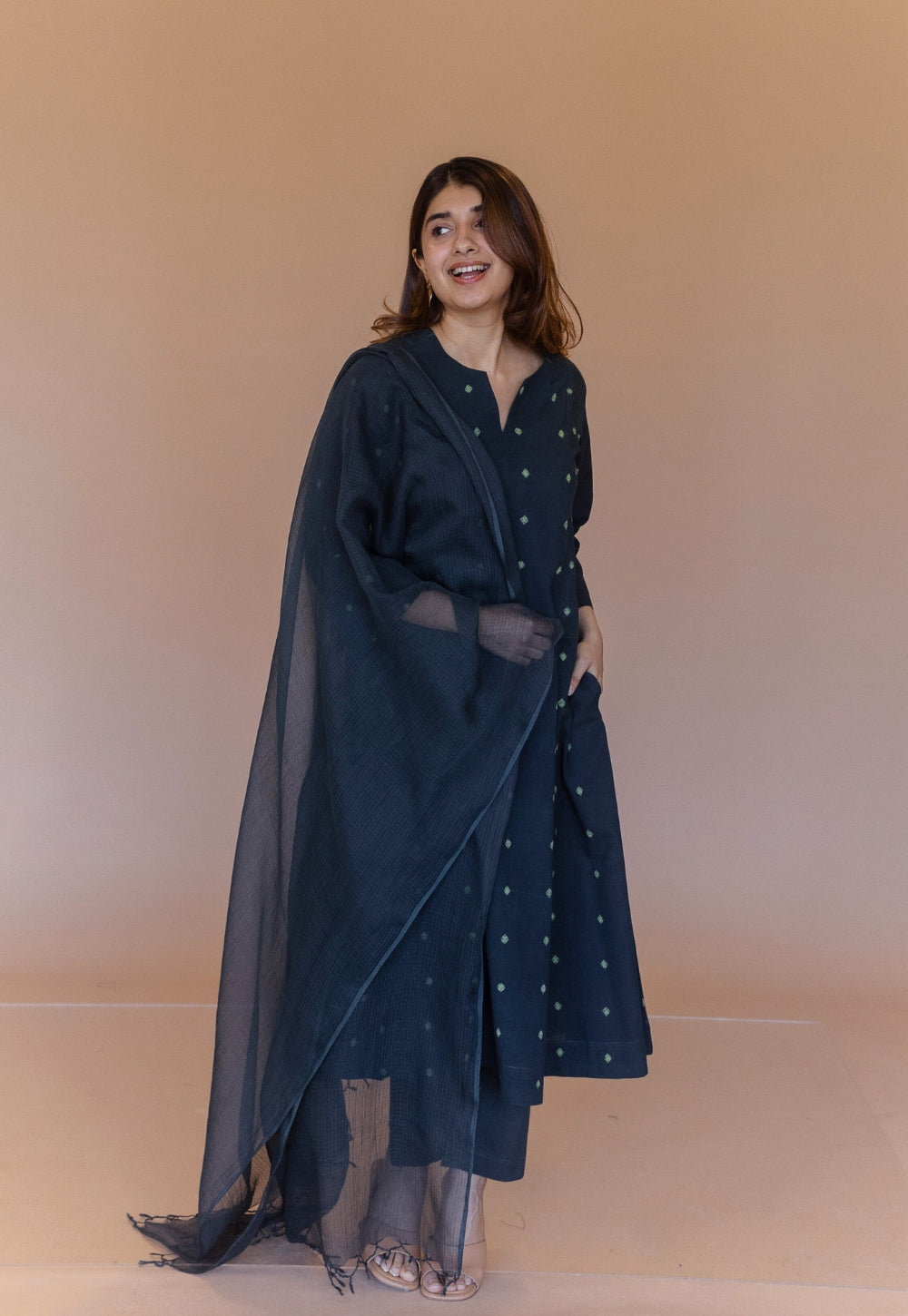 Malika Green Dabu Cotton Kali Kurta