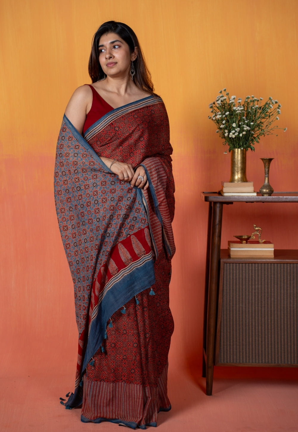 Red Geometric Jaal Ajrakh Hand Block Print Mul Saree