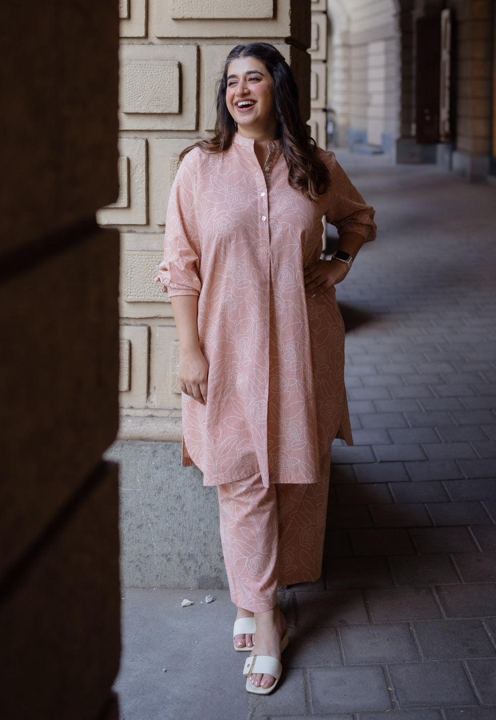 Riyah Peach Hand Block Print Slub Cotton A Line Kurta