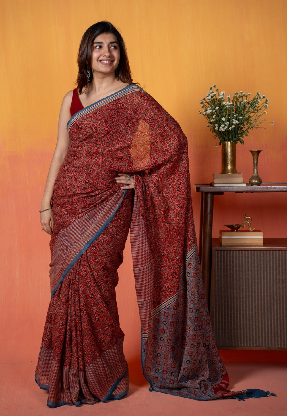 Red Geometric Jaal Ajrakh Hand Block Print Mul Saree