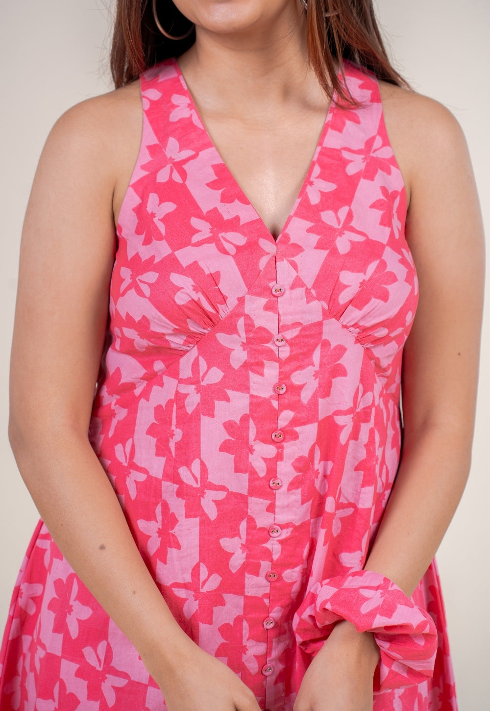 Riva Bright Pink Printed Cotton A Line Dress