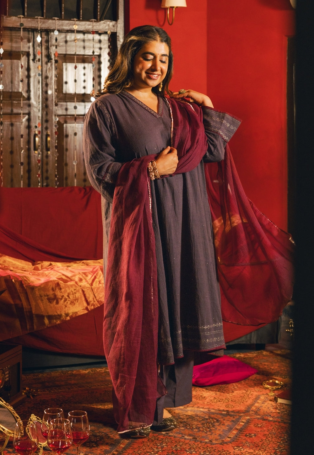 Zohra Black Rogan Handblock Printed Cotton Flex Suit Set (Set of 3)