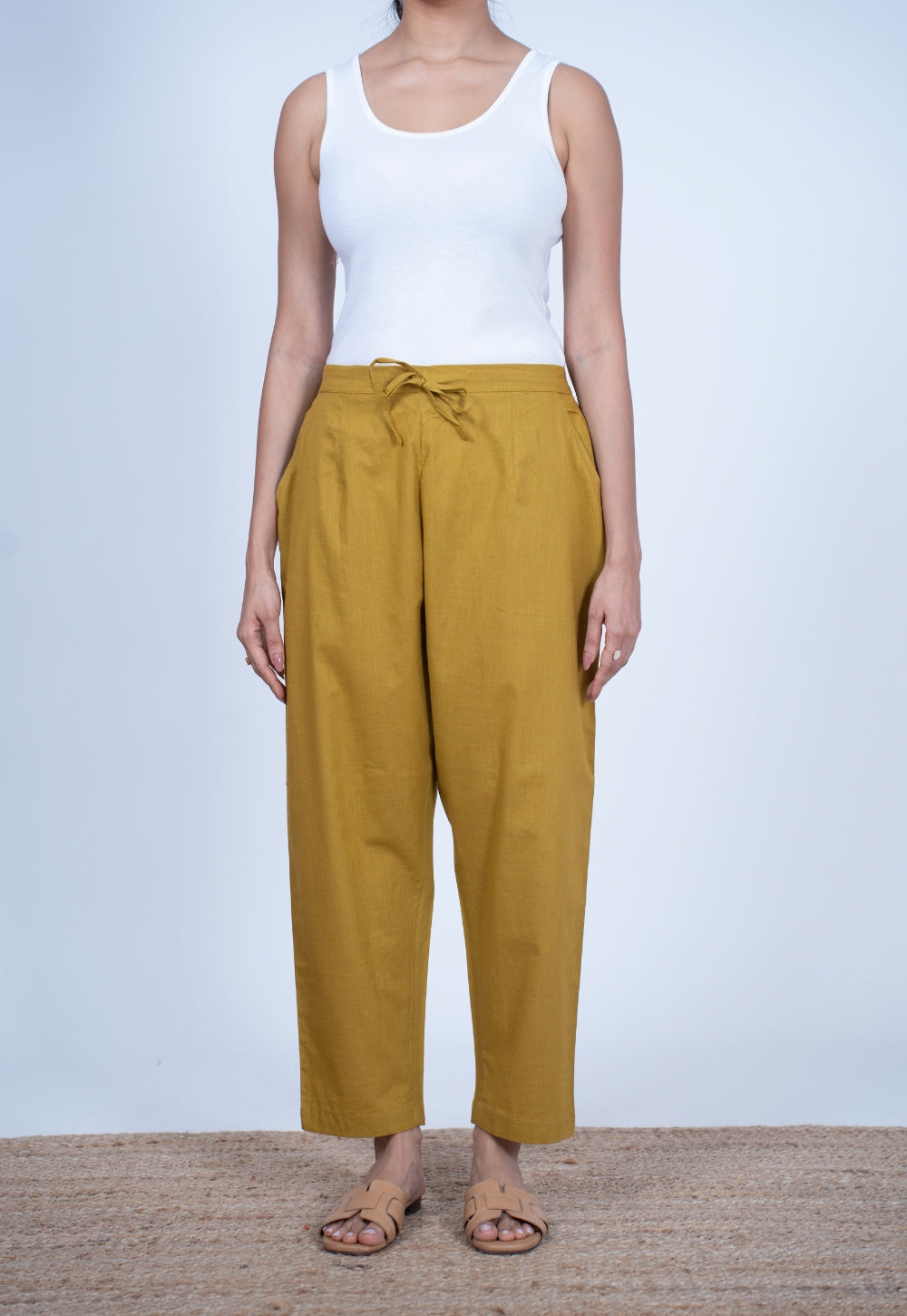 Yashi Yellow Solid Slub Cotton Straight Pant