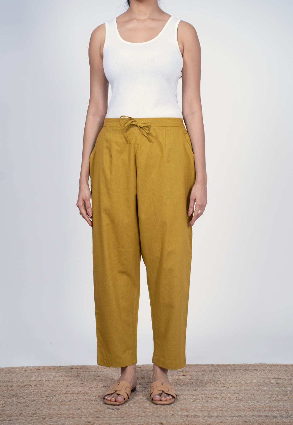 Yashi Yellow Solid Slub Cotton Straight Pant