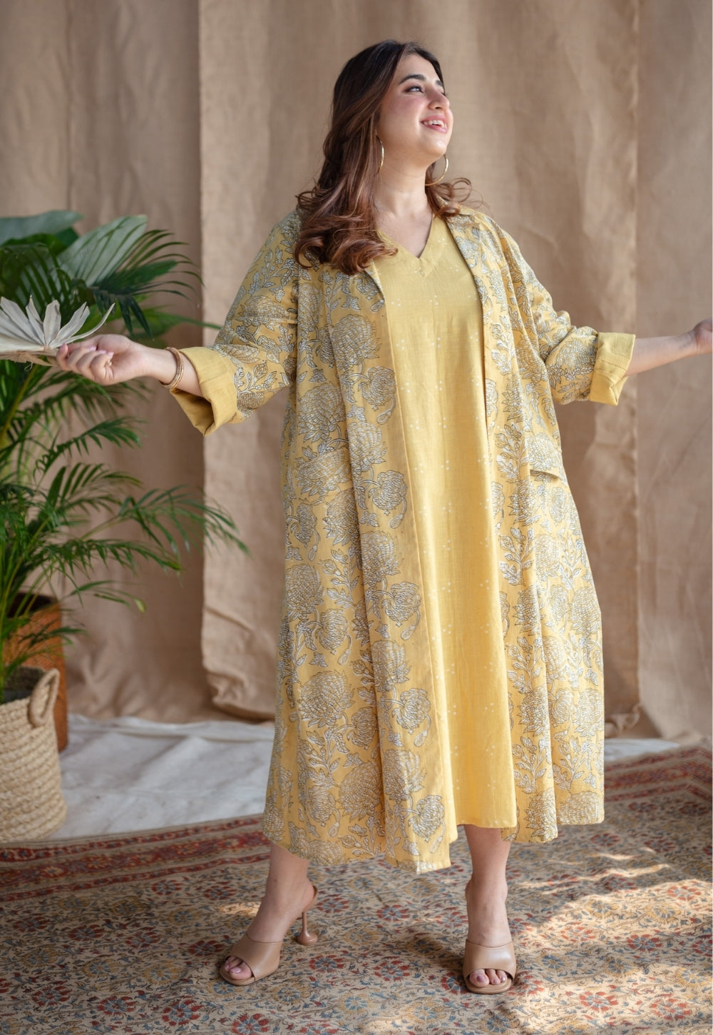 Mariam Yellow A Line Dabu Slub Cotton Dress