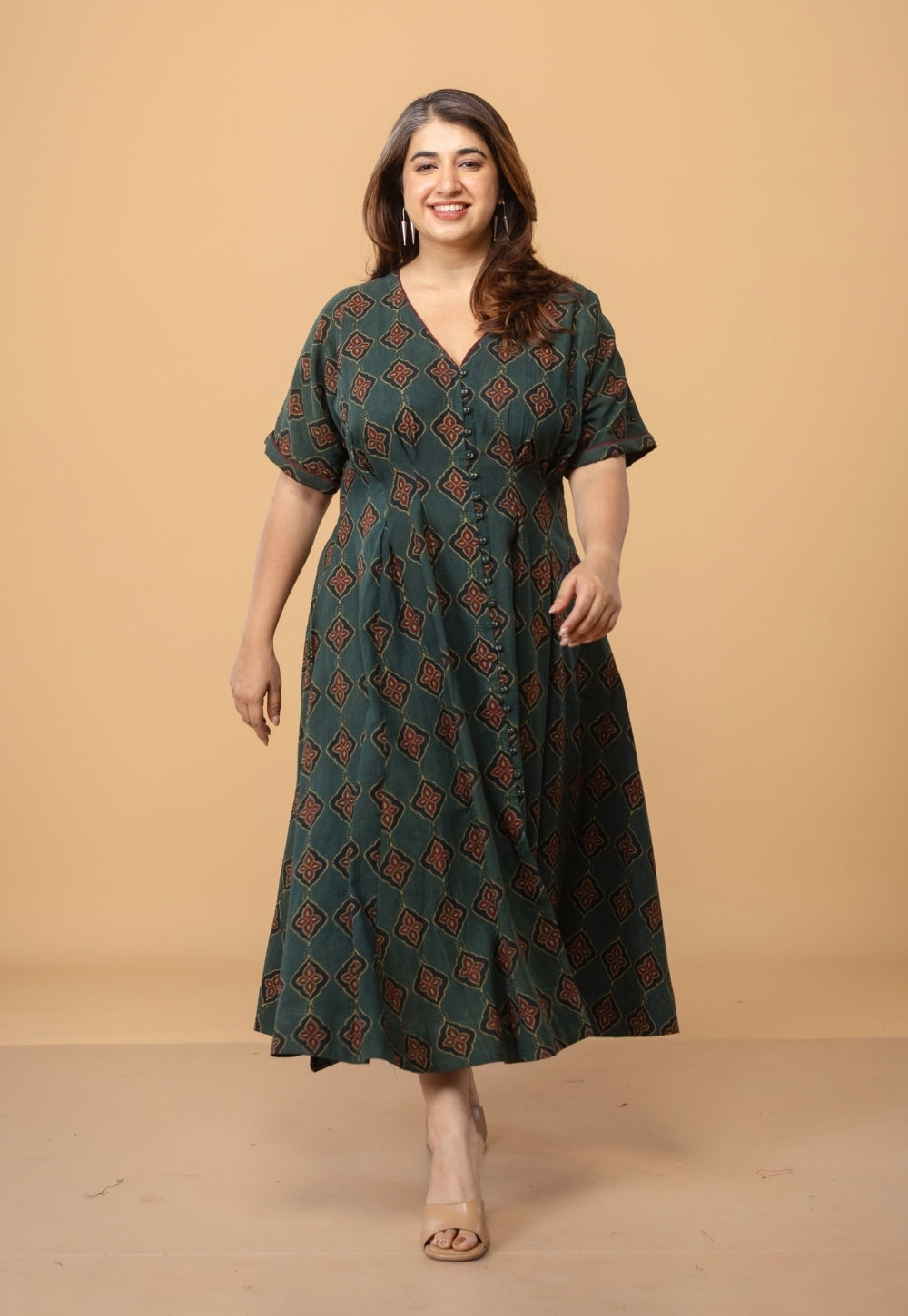 Reema Green Dabu Slub Cotton A Line Dress