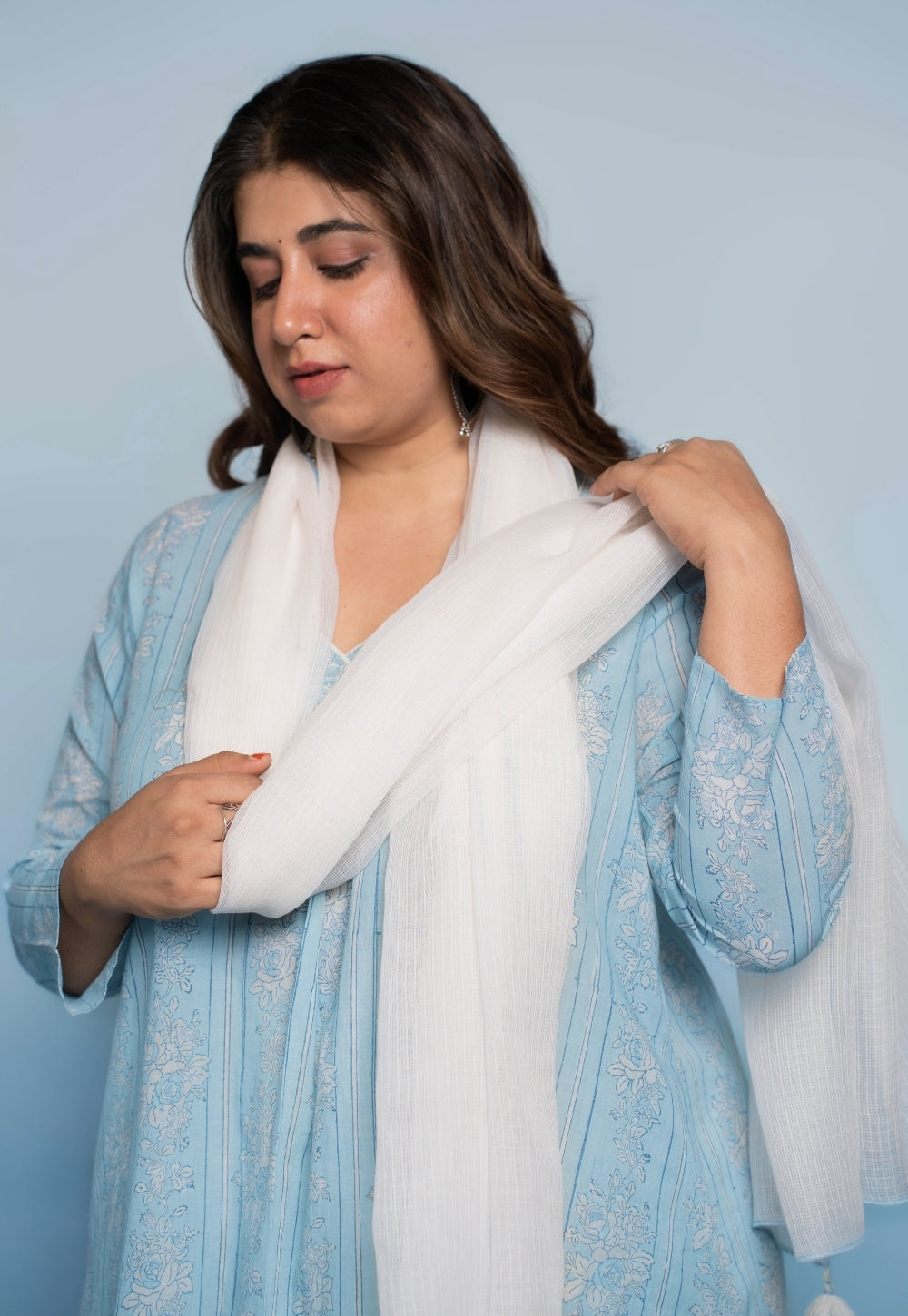 White Solid Kota Doria Cotton Dupatta with Tassels