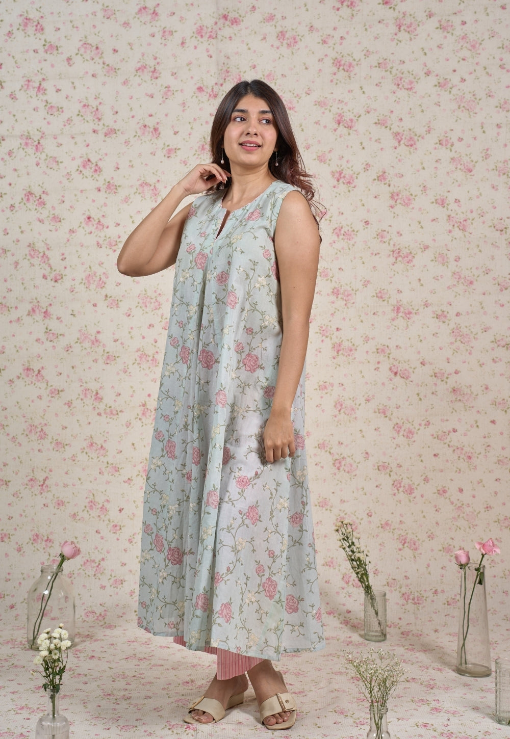 Flora Blue Sanganeri Mul Cotton A Line Kurta