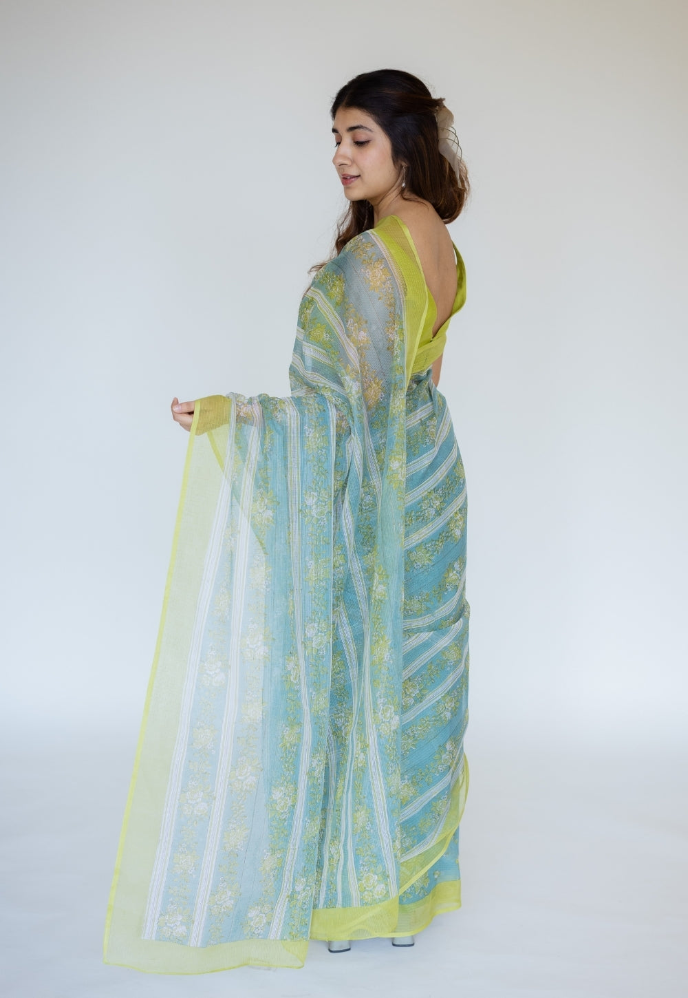 Blue Sanganeri Hand Block Print Cotton Kota Doria Saree