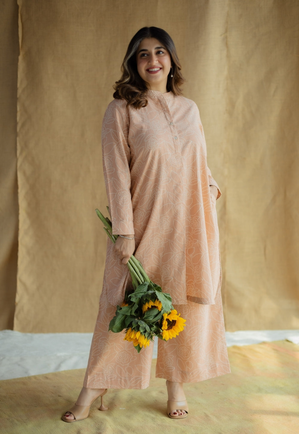 Riyah Peach Hand Block Print Slub Cotton A Line Kurta