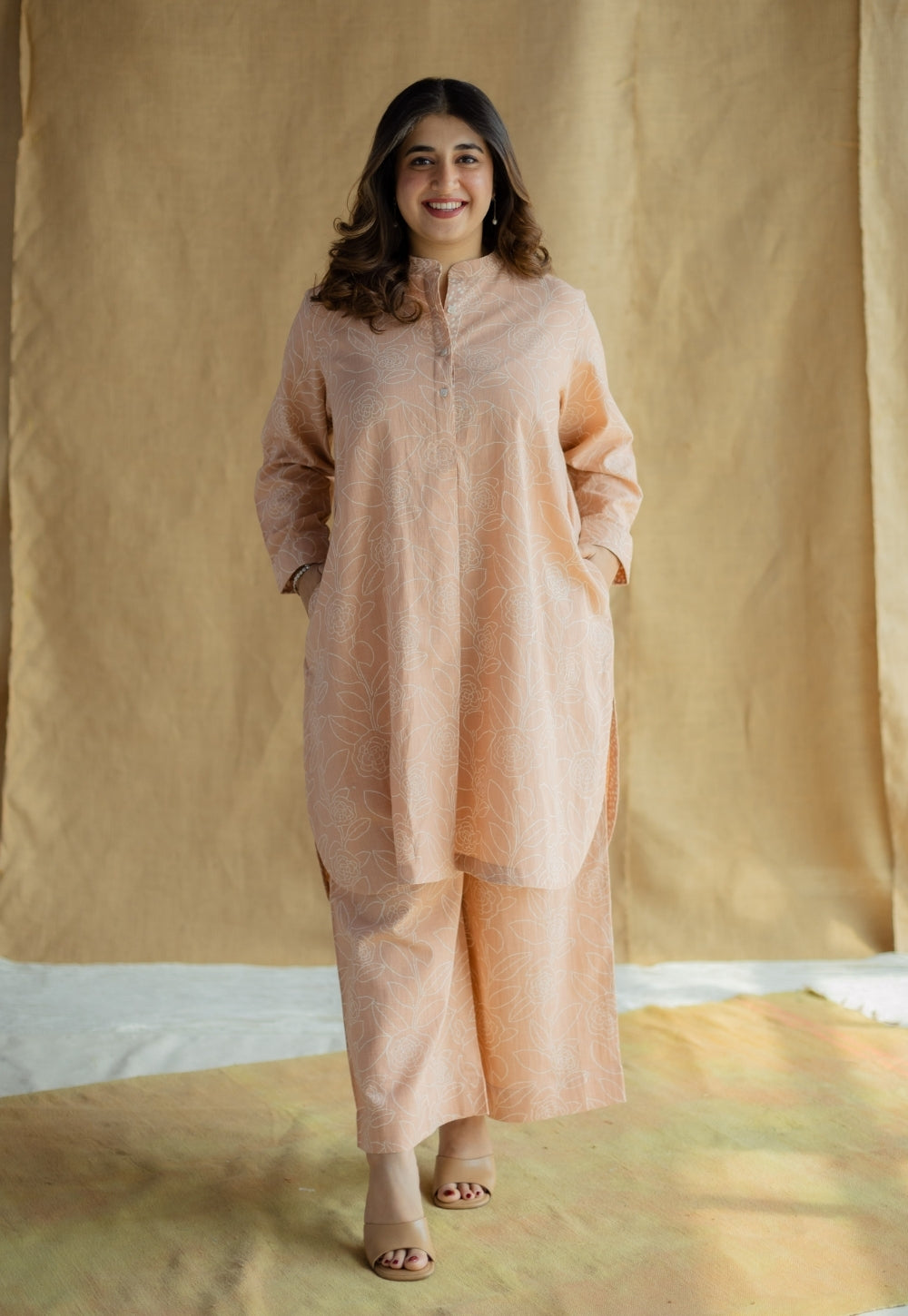 Riyah Peach Hand Block Print Slub Cotton A Line Kurta