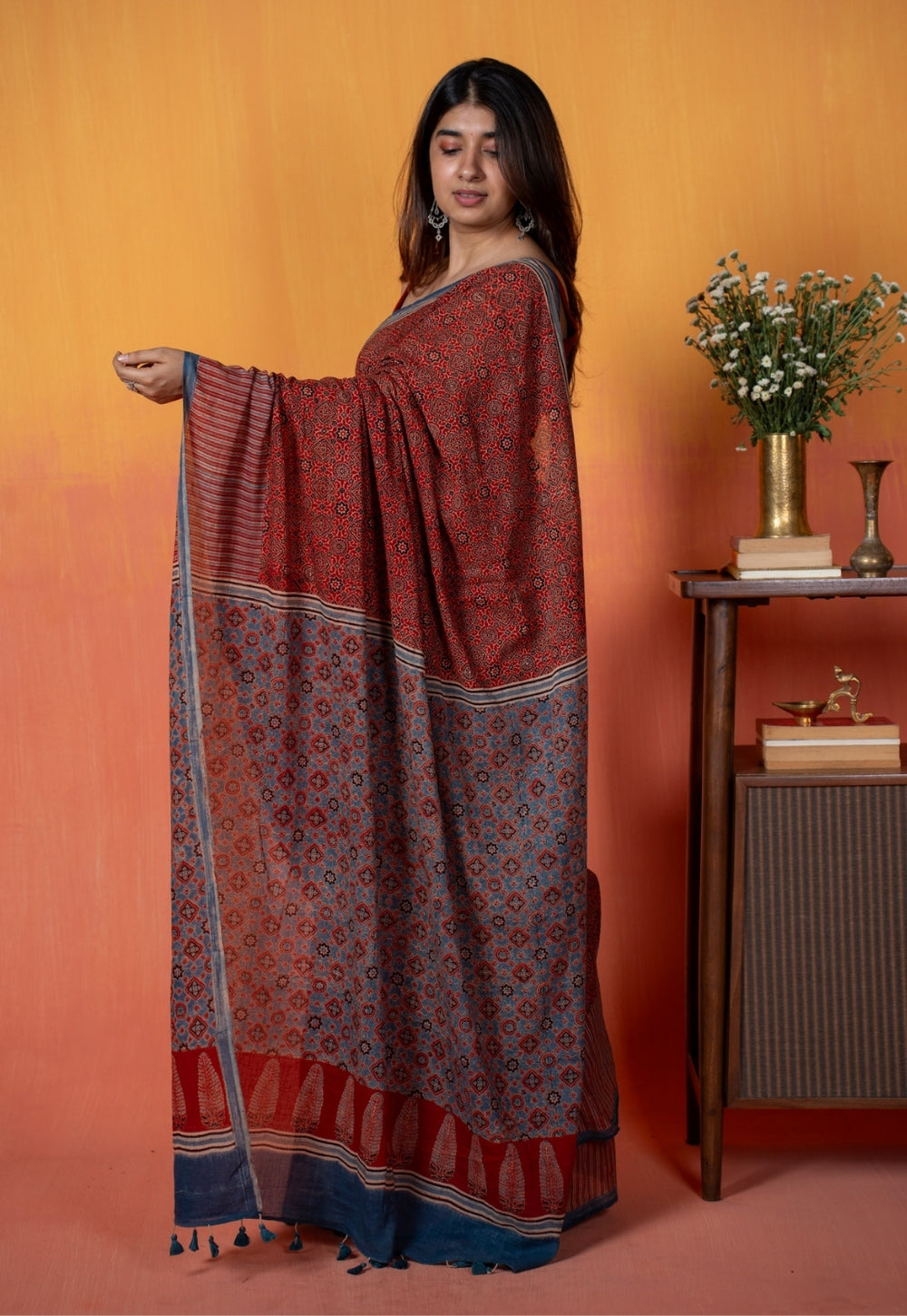 Red Geometric Jaal Ajrakh Hand Block Print Mul Saree