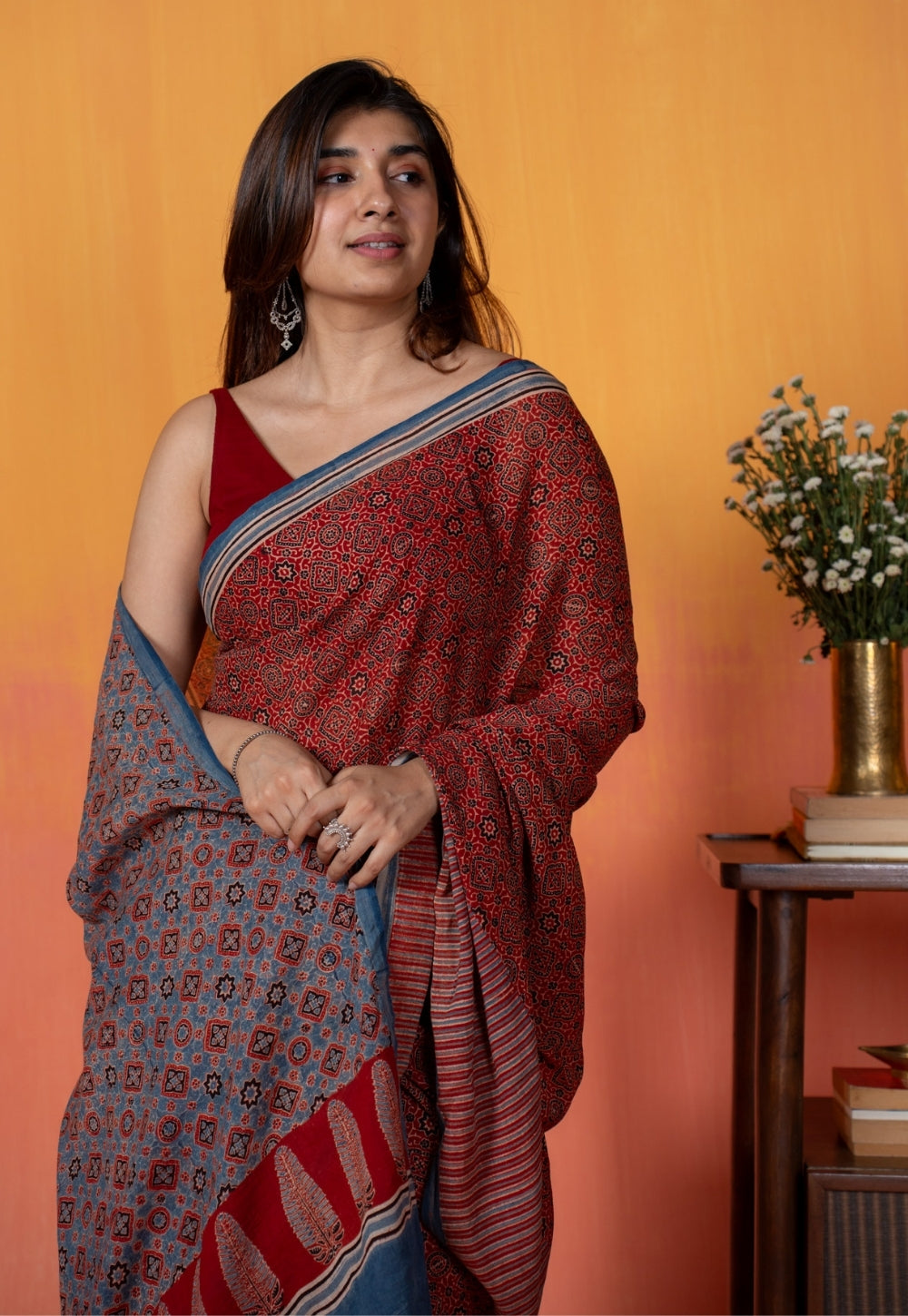 Red Geometric Jaal Ajrakh Hand Block Print Mul Saree