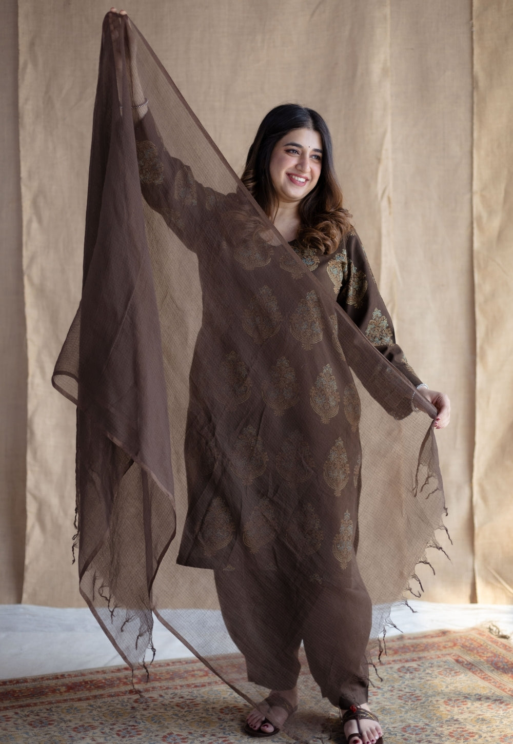 Brown Solid Kota Doria Cotton Dupatta