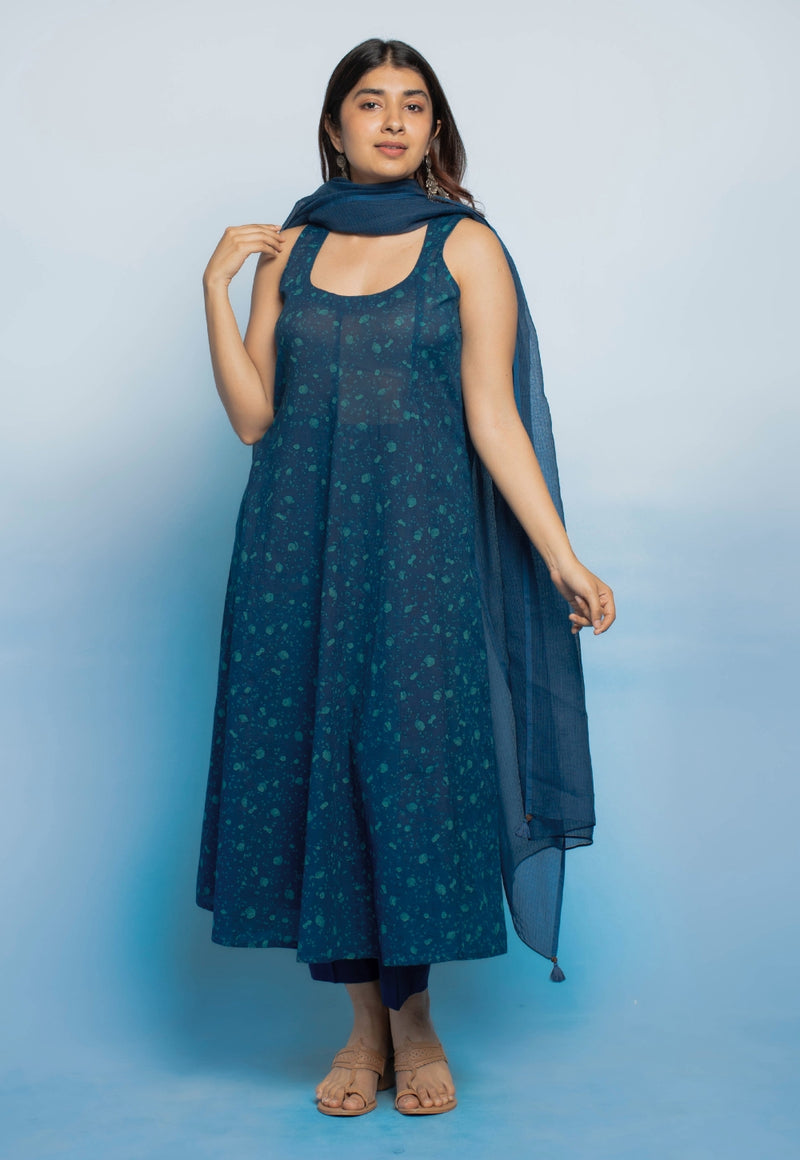 Tia Blue Dabu Mul Cotton Kali Kurta  THE INDIAN ETHNIC CO.