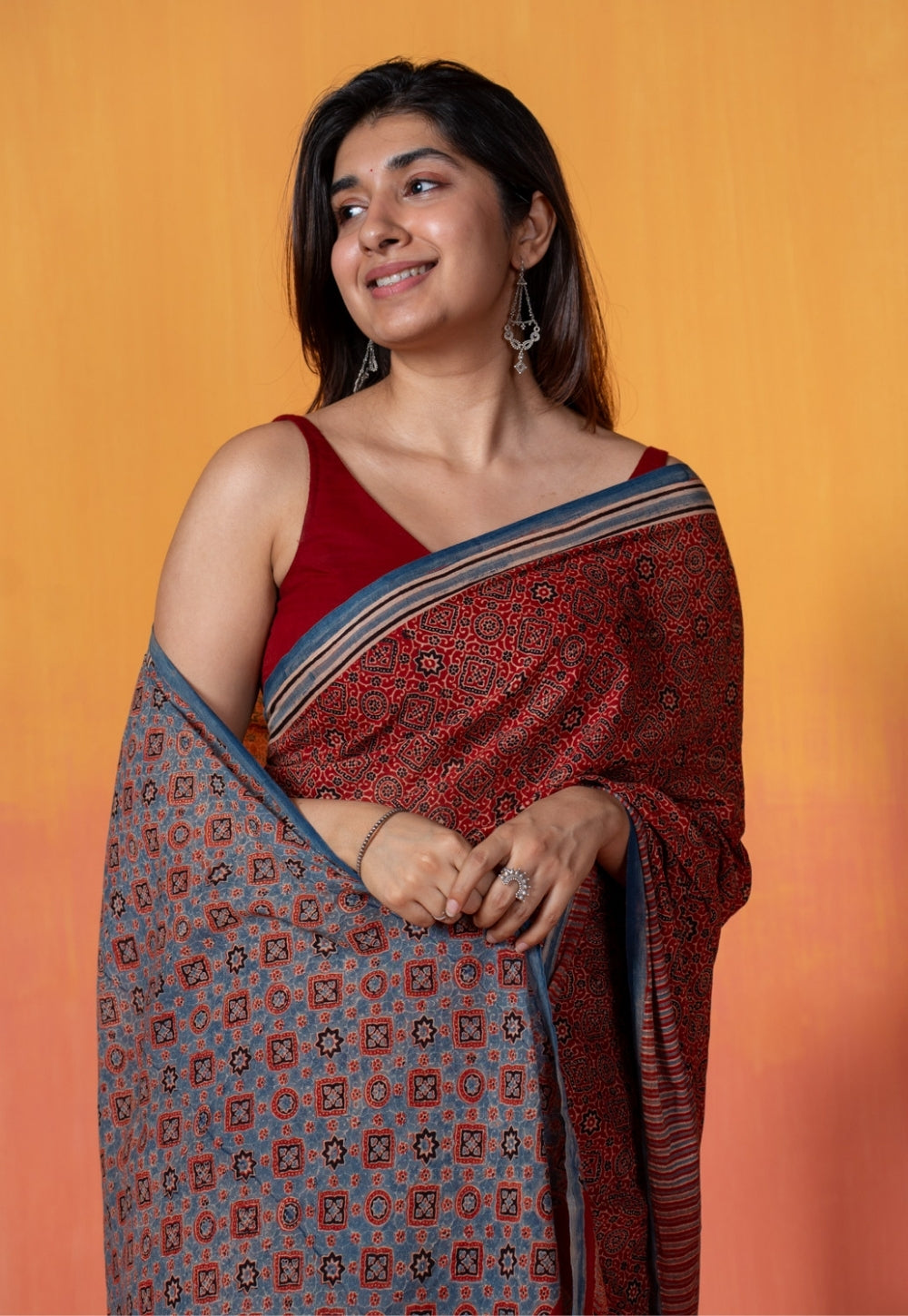 Red Geometric Jaal Ajrakh Hand Block Print Mul Saree