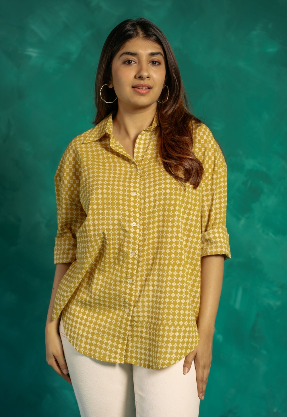 Ruhi Yellow Bagru Cotton Straight Shirt