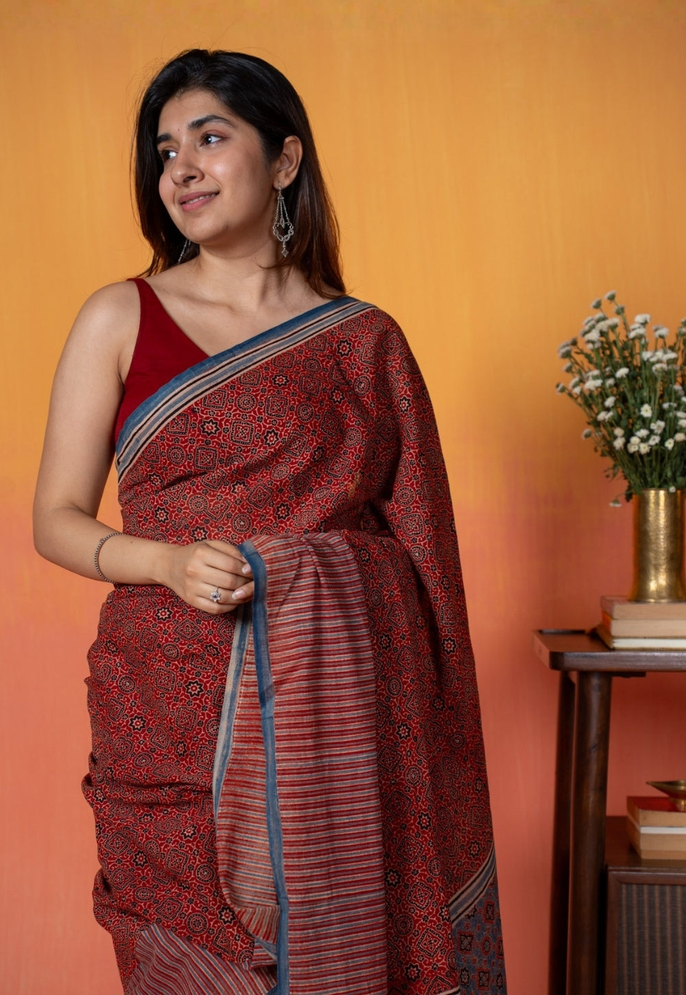 Red Geometric Jaal Ajrakh Hand Block Print Mul Saree