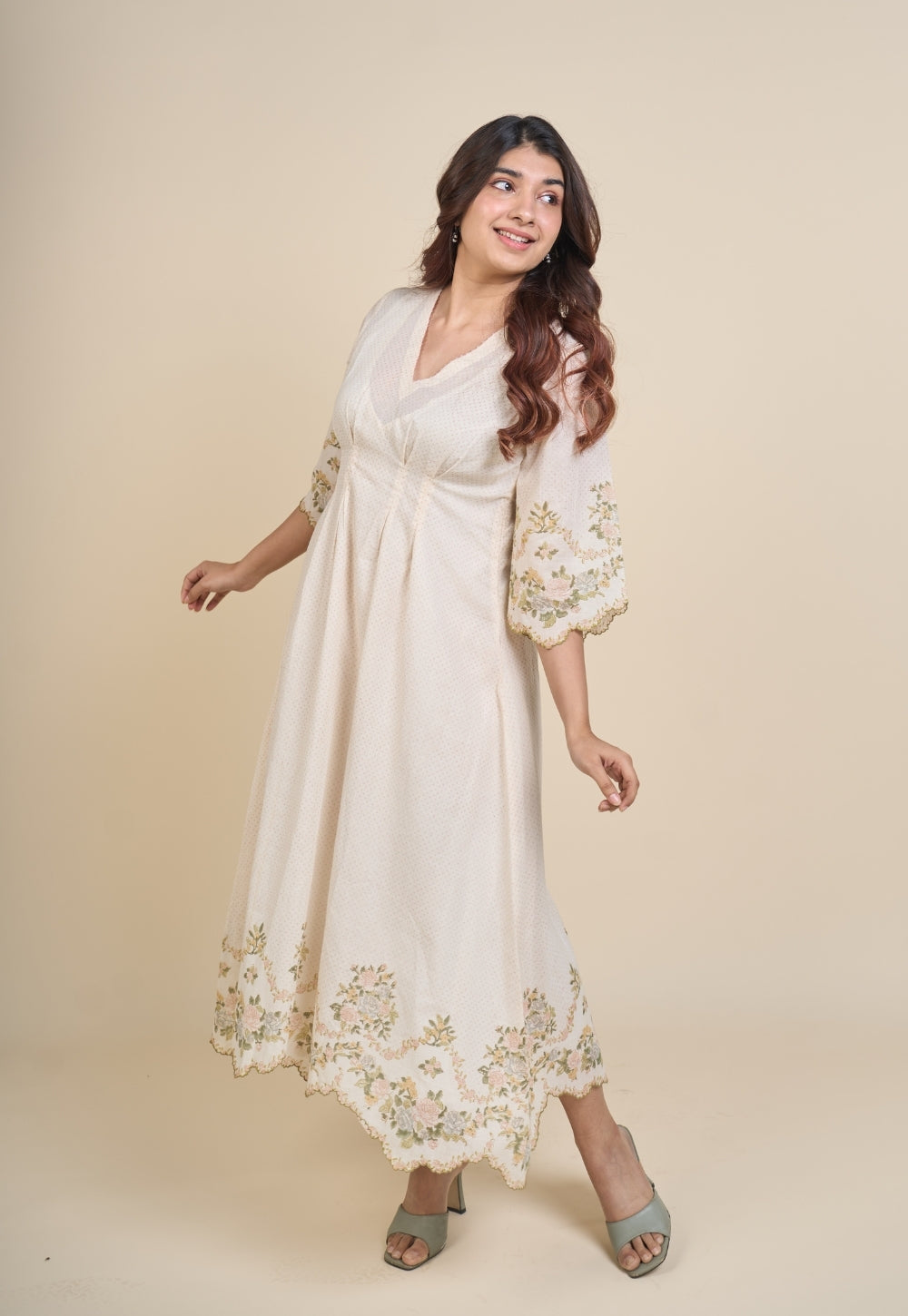 Zia White Sanganeri Mul Cotton A Line Dress