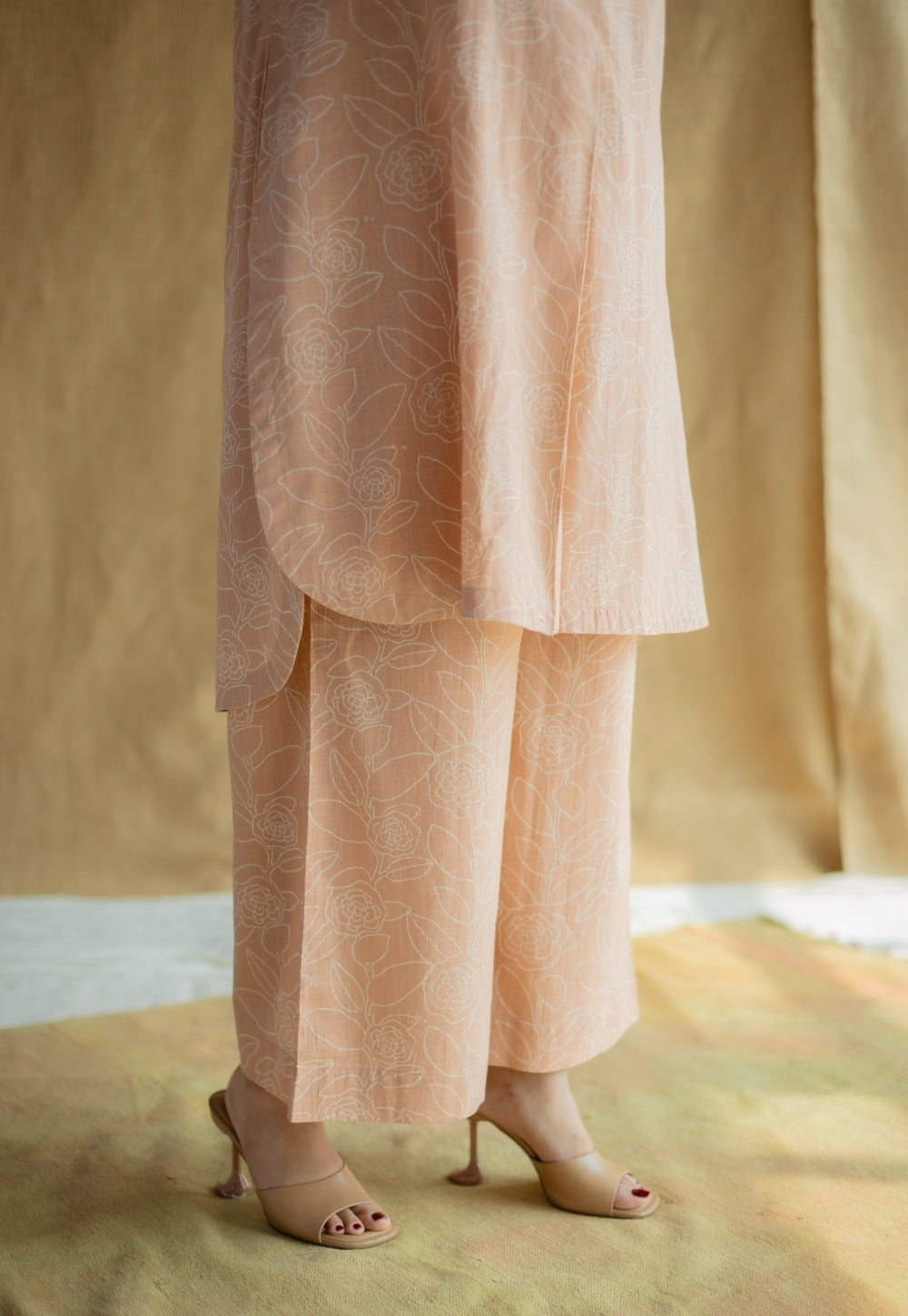 Riyah Peach Hand Block Print Slub Cotton A Line Kurta