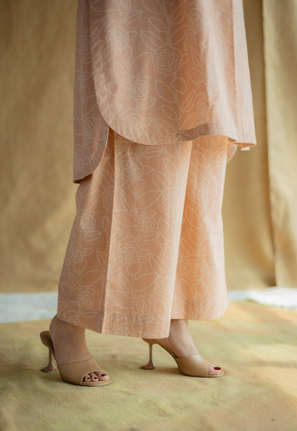 Riyah Peach Hand Block Print Slub Cotton A Line Kurta