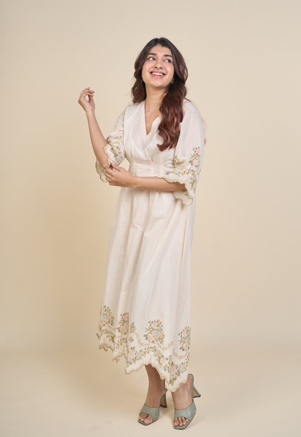Zia White Sanganeri Mul Cotton A Line Dress