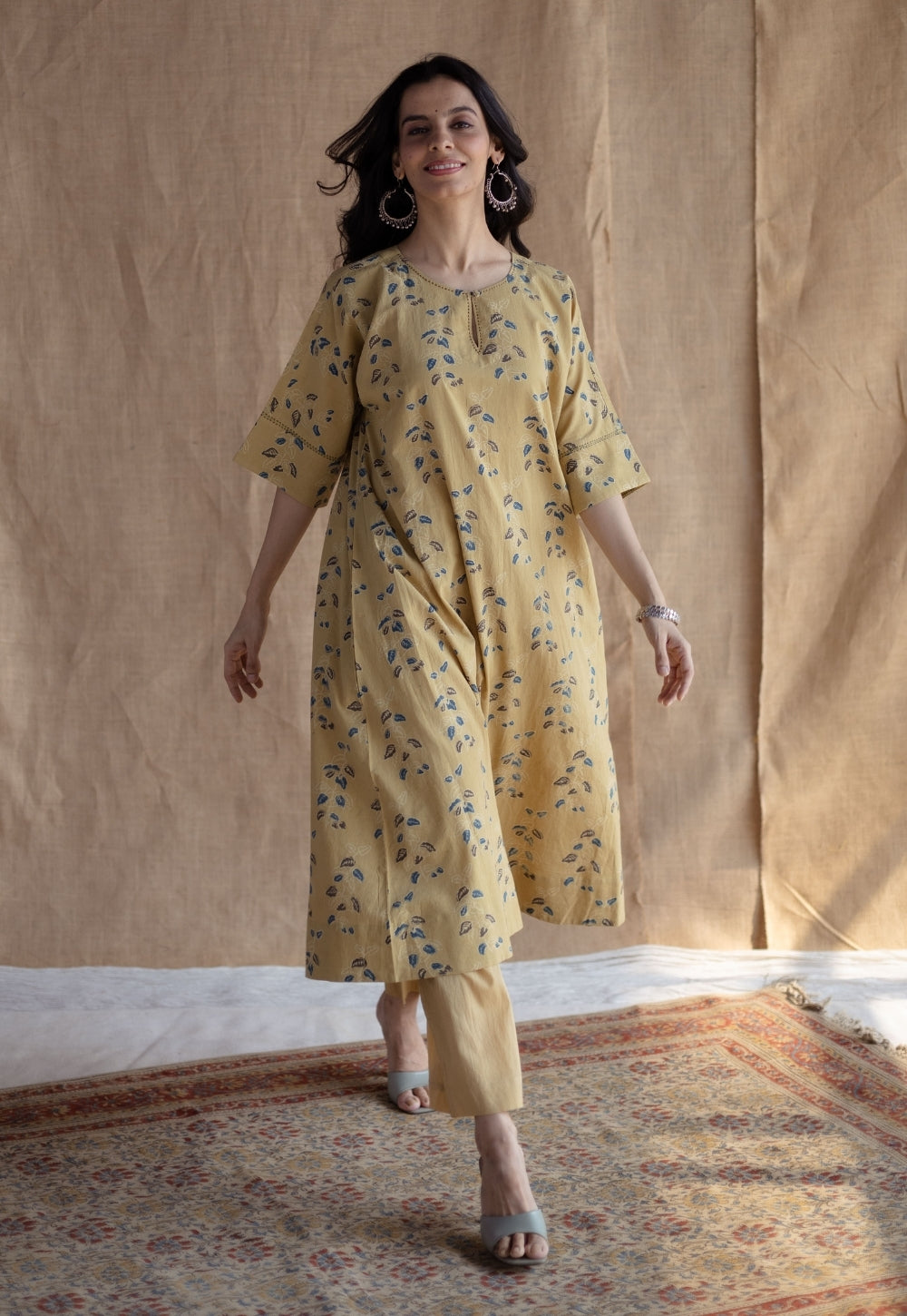 Anu Yellow Ajrakh Cotton A Line Kurta Set (Set of 2)