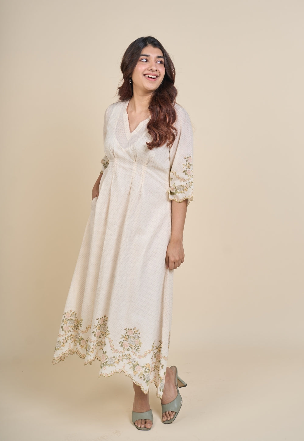 Zia White Sanganeri Mul Cotton A Line Dress