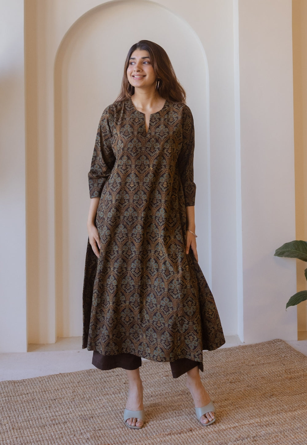 Nyra Brown Ajrakh Cotton Jhabbha Kali Kurta