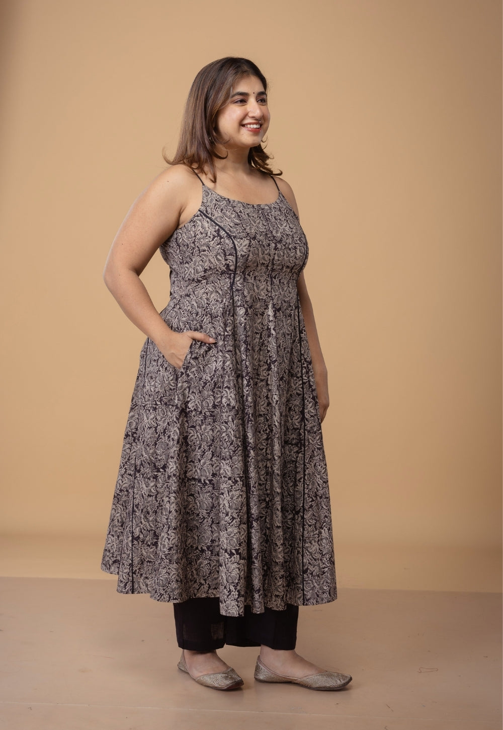 Sanah Black Kalamkari Cotton Kali Kurta