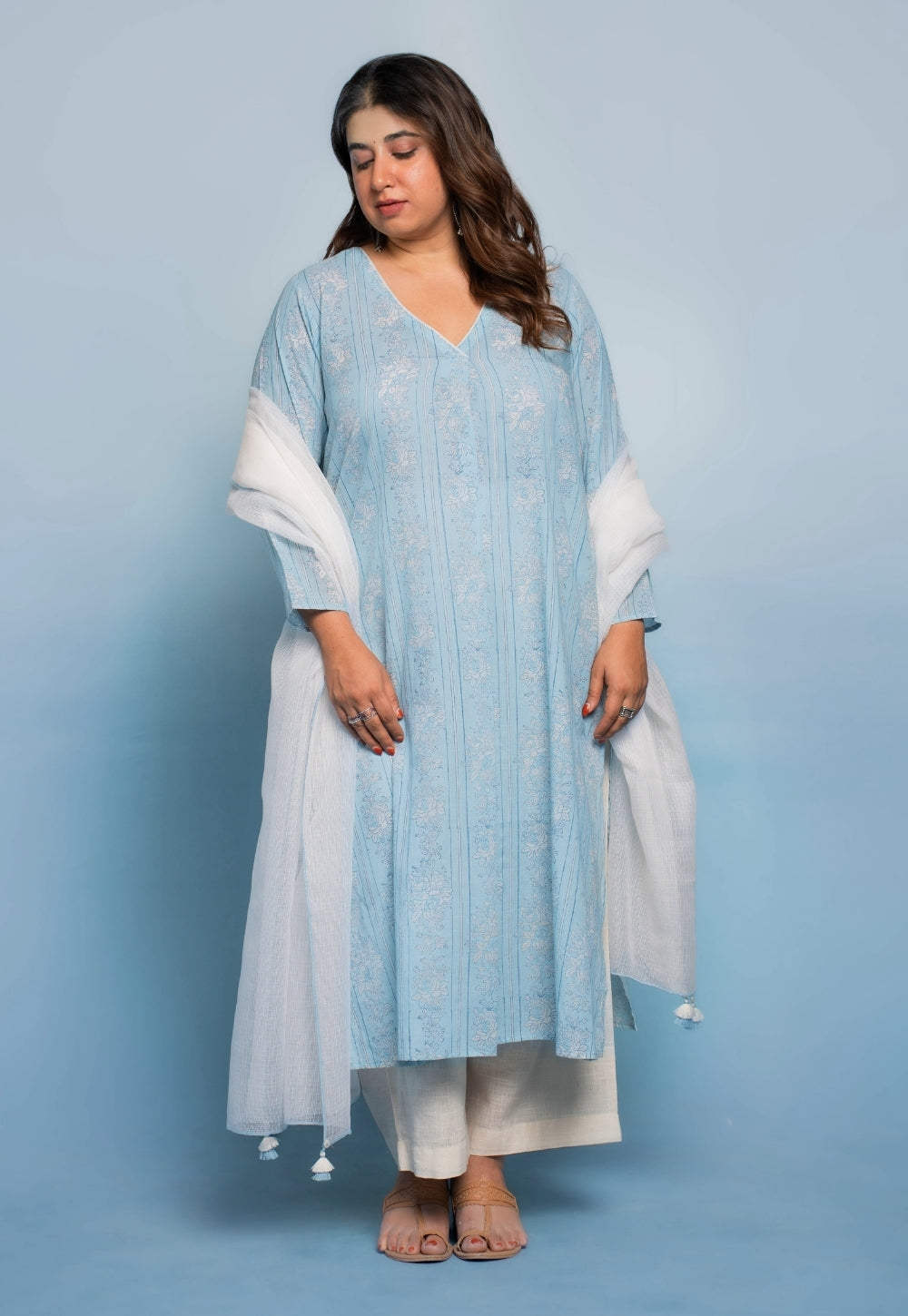 White Solid Kota Doria Cotton Dupatta with Tassels